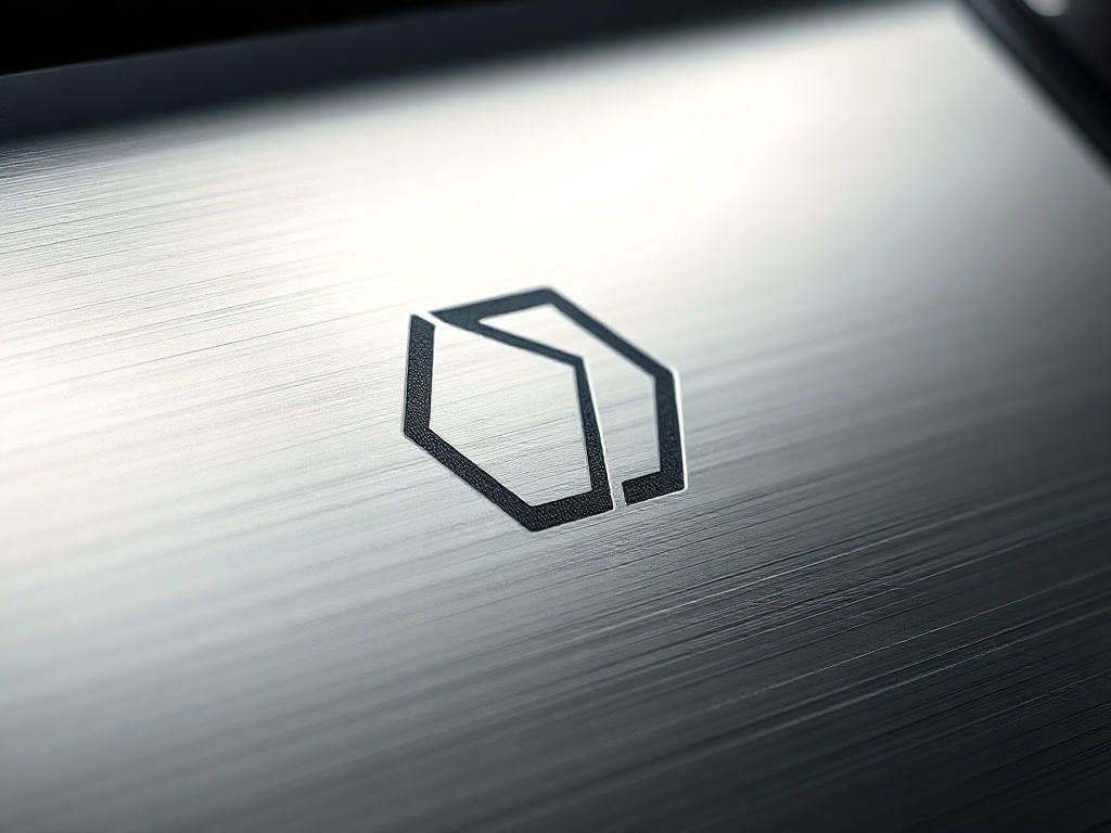 Close-up of a stylized geometric logo mark engraved on a brushed metal surface, with subtle side lighting. Minimalist and premium. Photorealistic, 8k, commercial photography style.